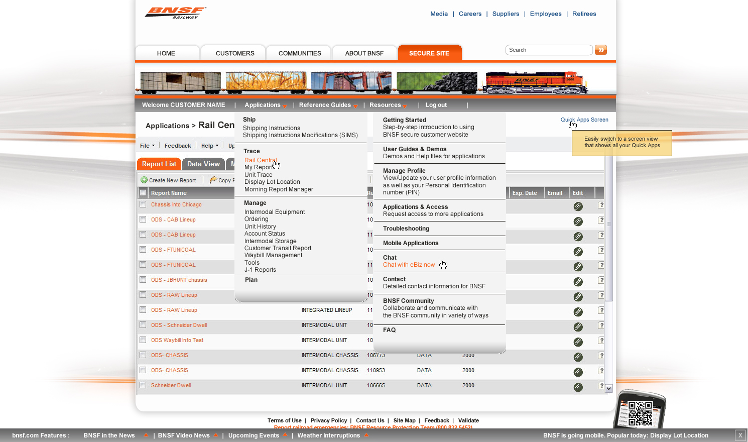 Mockup for BNSF Customer Portal, Sharepoint